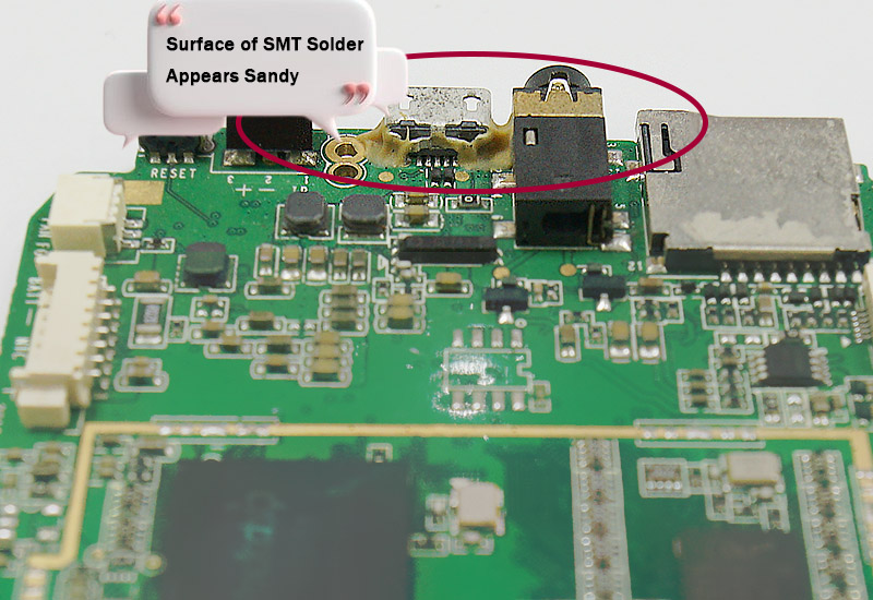 printed circuit board surface of SMT components solder appears sandy