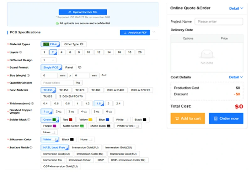 AI PCB online quote interface