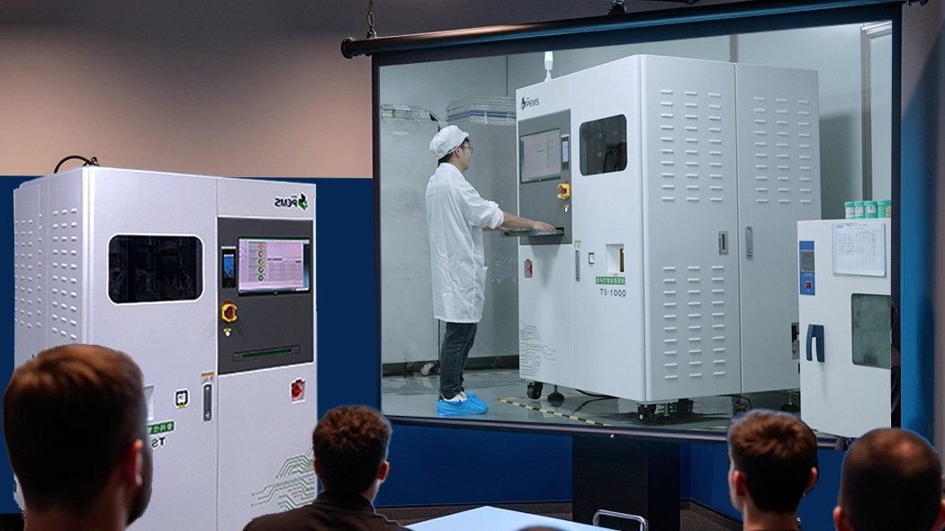 The demonstration area is equipped with a solder paste machine, where visitors can watch the solder paste printing process of the printed circuit board production process on a large screen.