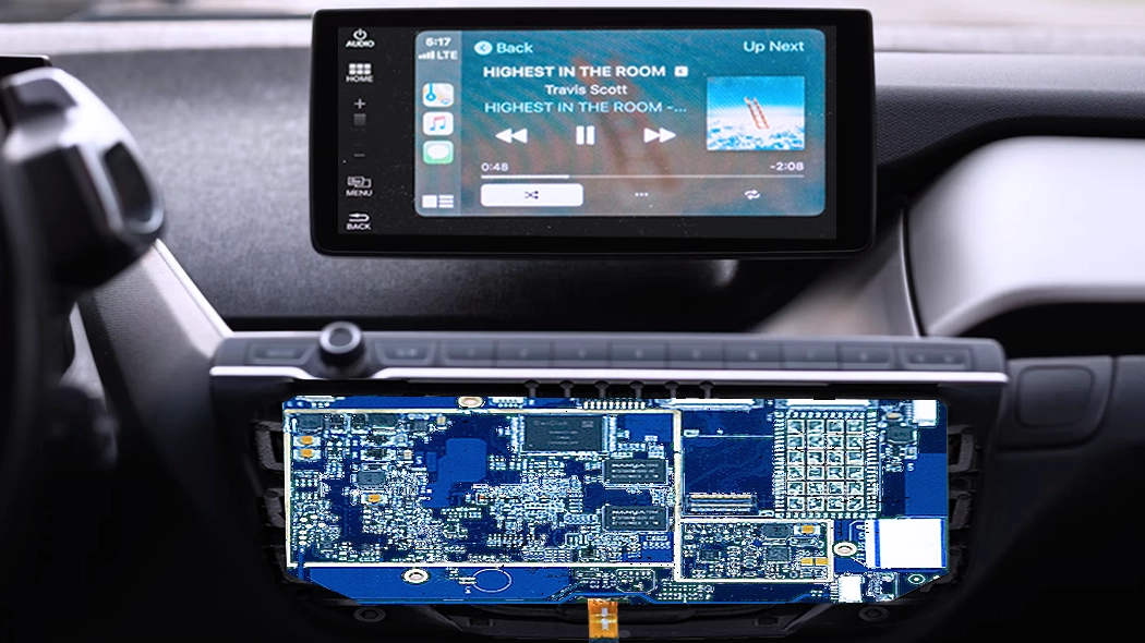 Automotive electronics printed circuit assembly powering digital displays in a modern car