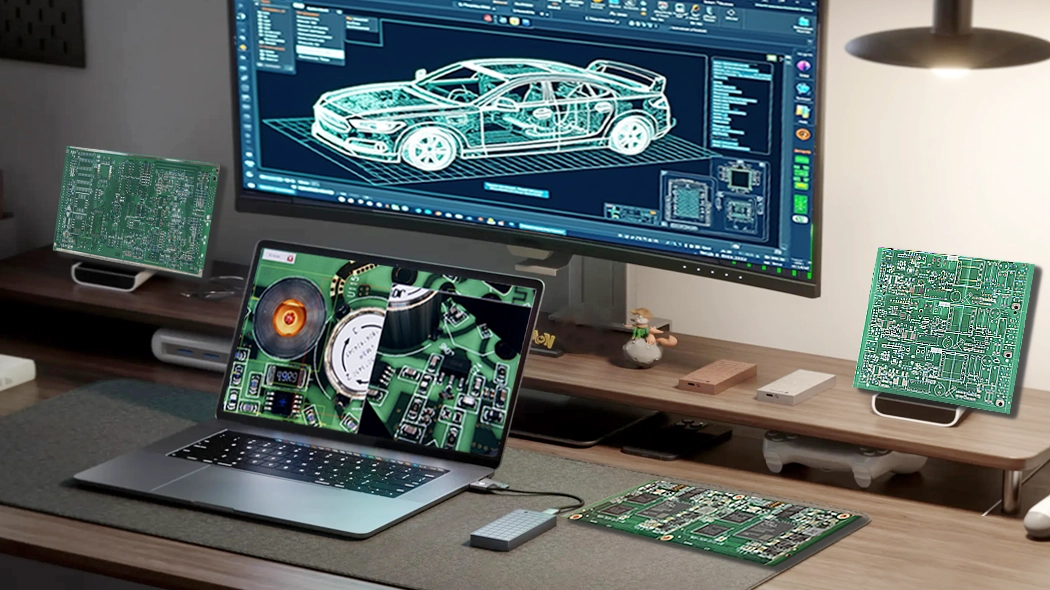 Automotive PCB design engineer creates complex circuit routing and component layout for cars. A PCB sample is placed on the desk.