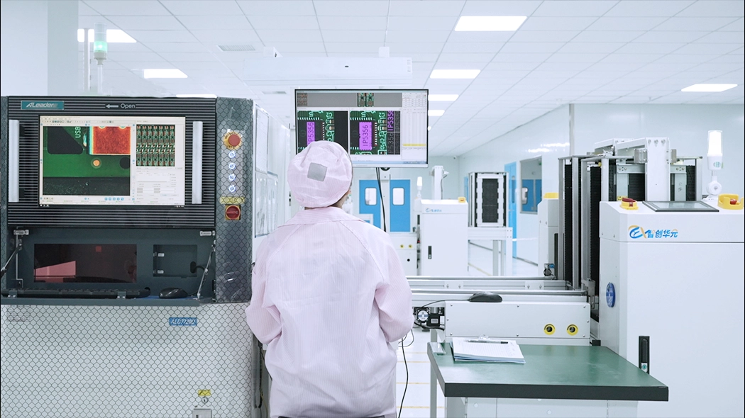 Technicians are using AOI equipment to inspect solder joints and components.