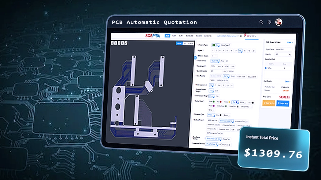 SCSPCBA AI instant quotation platform showing BOM parsing and automated PCB cost calculation features