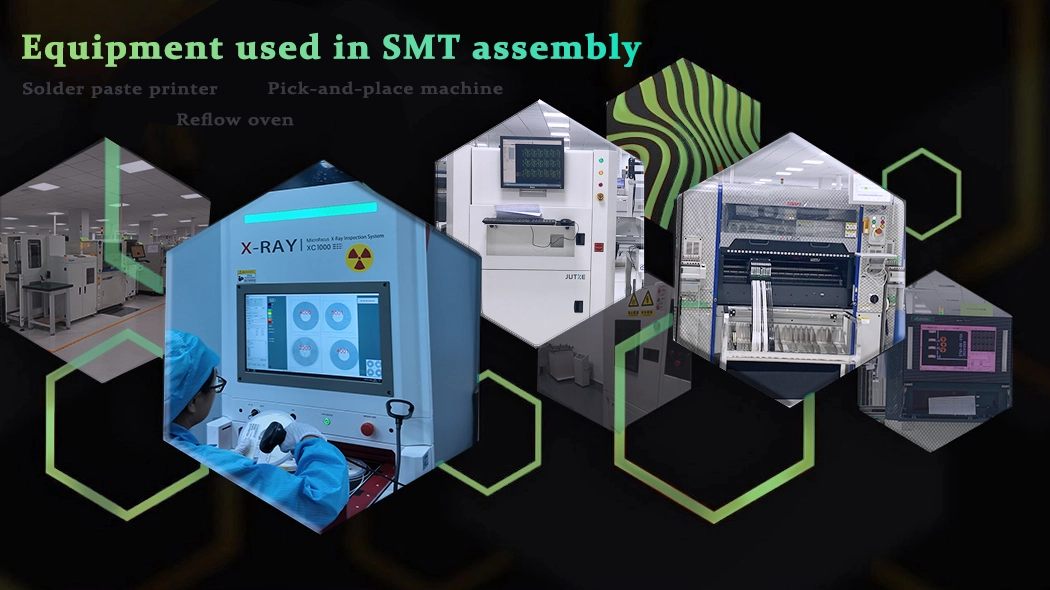 Equipment used in SMT assembly and manufacturing: Solder paste printer, pick-and-place machine, reflow oven.