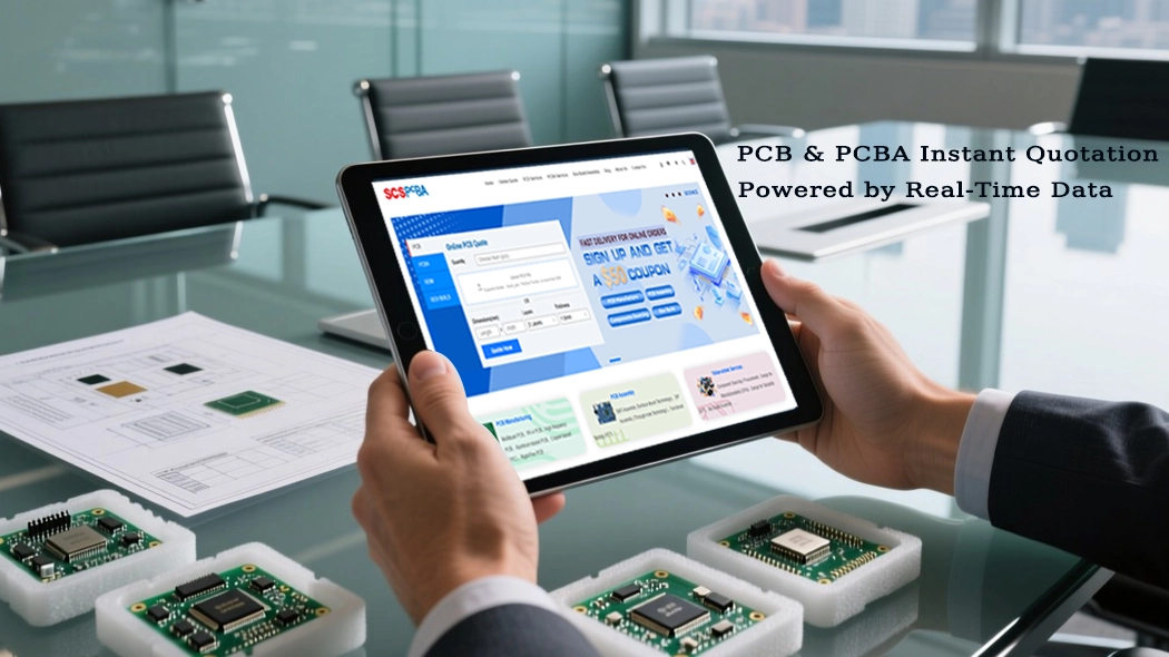 The customer uses a tablet in the meeting room to view the SCSPCBA quick quotation platform