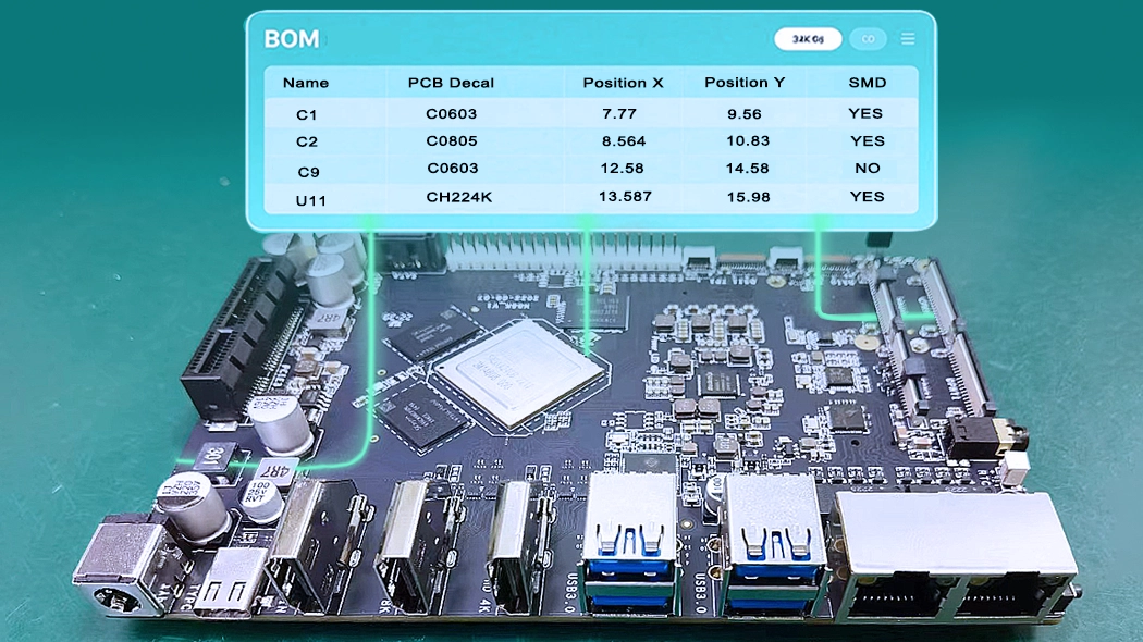 The BOM for a multilayer black printed circuit board includes the name, PCB label, position X , position Y , and SMD components