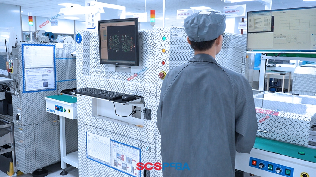 The staff are using AOI equipment to inspect the circuit boards.