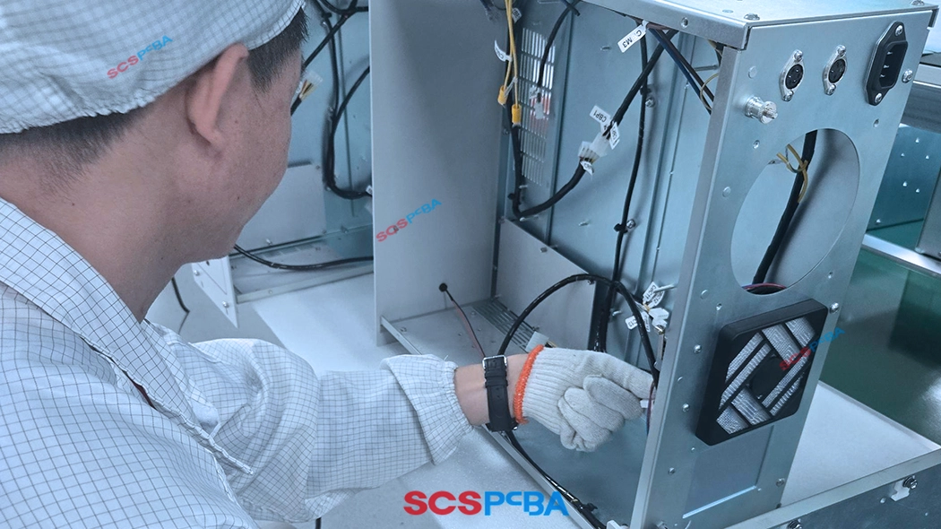 Professionals perform housing mounting and cable and connector assembly on circuit boards.