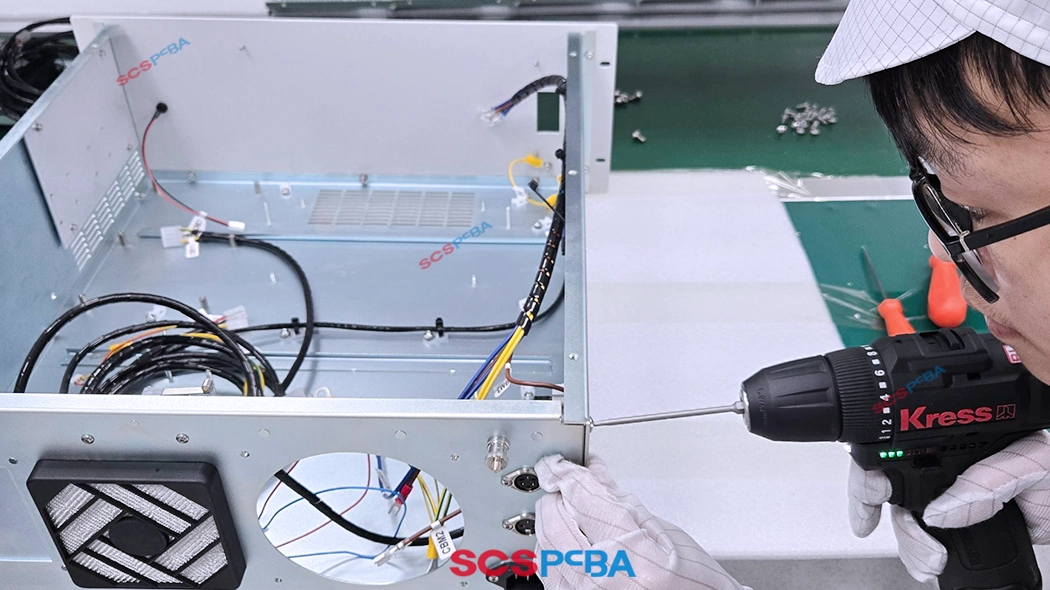 Workers are installing cables, buttons, fans, displays, and other non-PCB components. Workers are installing cables, buttons, fans, displays, and other non-PCB components.