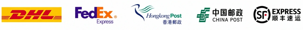 Global shipping and logistics partner logos including DHL, FedEx, Hongkong Post, China Post, and SF Express for international PCB and PCBA delivery