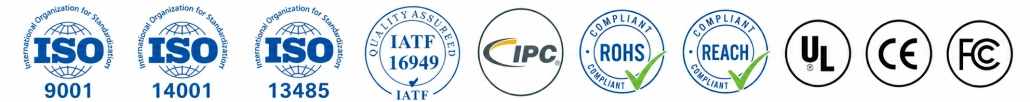 LinkPCBA certifications and compliance logos including ISO 9001, ISO 14001, ISO 13485, IATF 16949, IPC, RoHS, REACH, UL, CE, and FCC standards